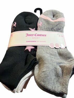 NIP Juicy Couture Sport 6-Pair Cushioned No Show Socks - Black Pink Grey 4-10